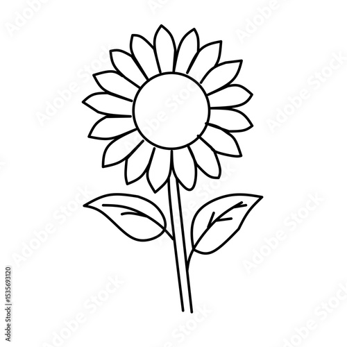 Simple line drawing of a sunflower with its characteristic large head and petals. Represents nature, summer, and happiness for icons.