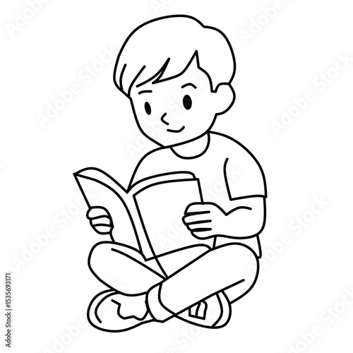 Simple line drawing of a boy sitting cross-legged and reading a book. Represents education, learning, and childhood.