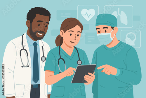 Medical team of doctors, nurse, and surgeon collaborating with a tablet. Diverse healthcare professionals discussing patient diagnosis. Hospital teamwork and technology concept vector.
