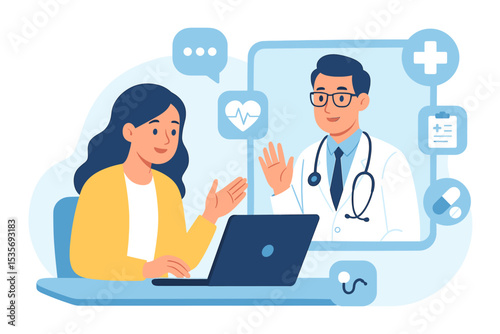 Online doctor consultation vector illustration. Patient having virtual medical appointment with physician via laptop video call. Telemedicine and telehealth healthcare technology concept.