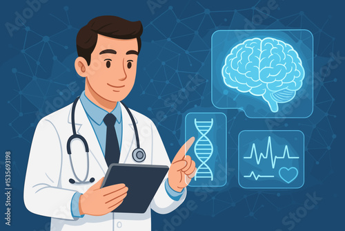 Doctor using digital tablet with futuristic medical interface for health analysis. Telemedicine, e-health concept with brain, DNA, and EKG icons. Healthcare technology innovation vector.