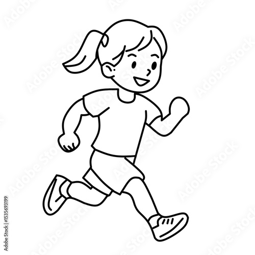 Simple line art of a happy girl running. Represents childhood, exercise, health, energy, and active lifestyle.

