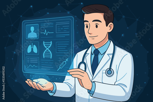 Doctor with a holographic display of patient medical records. Concept for futuristic healthcare, telemedicine, AI analysis, virtual diagnosis, DNA research and modern medicine.