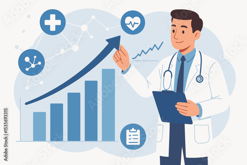 Doctor analyzing healthcare growth chart. Medical professional with statistics graph. Concept of medicine progress, business success, data analysis and hospital performance report.