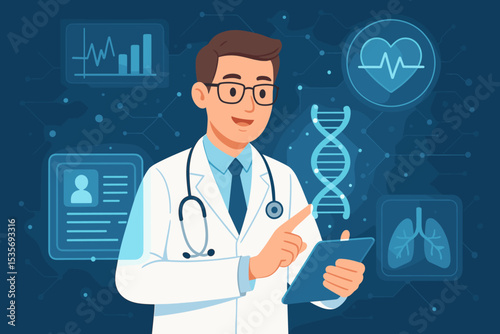 Male doctor with a tablet and futuristic medical interface. Concept for digital healthcare, telemedicine, and scientific innovation. Scientist analyzing patient data, DNA, ECG, and lung scan.