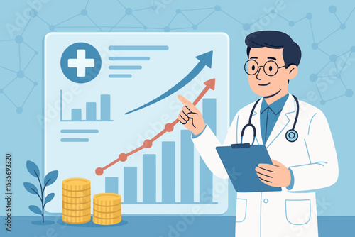 Healthcare growth analysis concept. Doctor presenting a financial report with a growth chart. Medical business investment, clinic profit, hospital management, health insurance success.