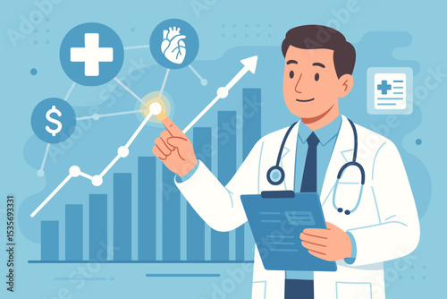 Doctor analyzing healthcare finance and cardiology data on a growth chart. Medical market analysis, hospital revenue, investment strategy, and rising health costs concept vector.