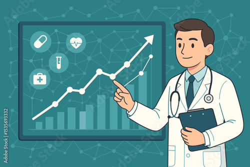 Healthcare growth analysis concept. Doctor presenting financial success report. Medical business graph. Health insurance statistics. Hospital management data. Technology in medicine.