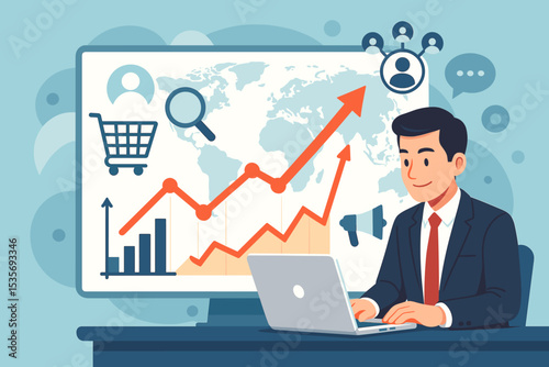 Businessman analyzing sales data on a digital dashboard. Marketing analyst studying growth chart on laptop. E-commerce statistics, market research, and global business strategy.
