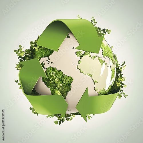 Conceptual image of arrows around the globe representing reduce, reuse, recycle.