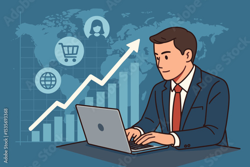 Businessman at desk working on laptop, analyzing business data for global market growth. Concept of financial analytics, e-commerce, sales report, and investment strategy success.