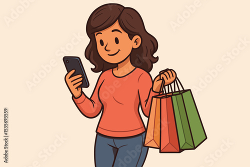 Happy woman on a shopping spree holding bags and using smartphone. Online shopping and e-commerce concept. Female customer buying with mobile app for retail sales and discounts.