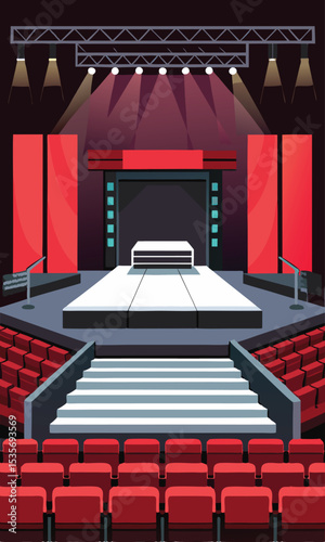 Empty black stage with multi level platform for presentation or performance