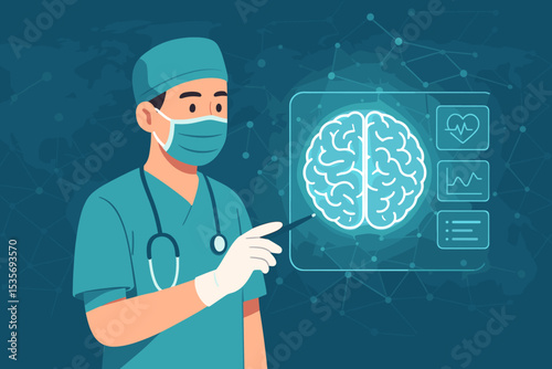 Surgeon analyzing brain scan on futuristic interface. Doctor using advanced medical technology for diagnosis. Neurology, neuroscience, AI in healthcare, telehealth concept vector.
