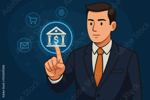 Businessman using digital banking interface. Fintech technology concept for secure online payment, finance management, mobile transaction, e-commerce, and biometric security.