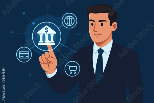 Businessman using futuristic fintech interface for digital banking and online payments. Concept of global financial technology, e-commerce, and investment management on a virtual screen.