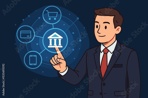Digital banking concept with businessman touching virtual interface. Fintech, online payment, and e-commerce network illustration. Mobile banking and financial technology concept.