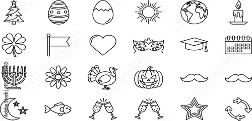  Events Calendar Vector Icon Set Adjustable Line Weight Holiday, celebration, seasons, festival, party, traditional, global, cultural, graduation, nature, romantic icons
