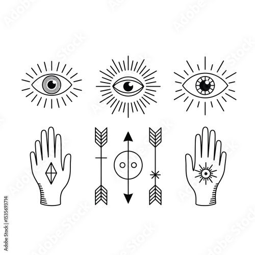 a collection of hand-drawn spiritual symbols including eyes, hands, and arrows in minimalist black and white boho line art style