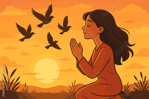 Spiritual woman praying at sunset, concept of faith, hope, and freedom. Girl meditating in nature with birds flying, symbolizing peace, gratitude, and release. Vector illustration.