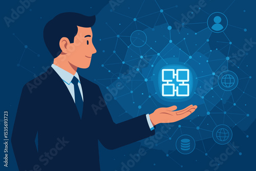 Businessman presenting blockchain technology concept. Professional man in suit with glowing block icon. Global business network, fintech innovation, data security, and cryptocurrency.