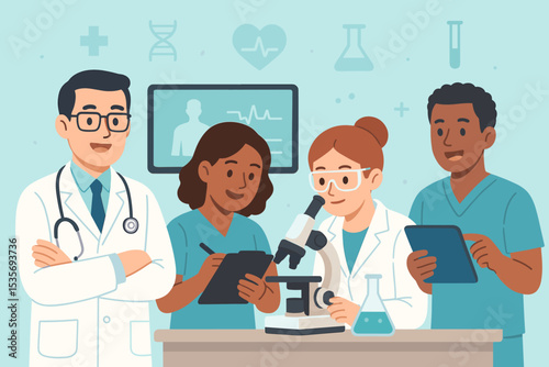 Medical professionals teamwork concept. Diverse healthcare team of doctor, scientist, and nurses working in a lab. Scientific research, medical innovation, and clinical analysis.