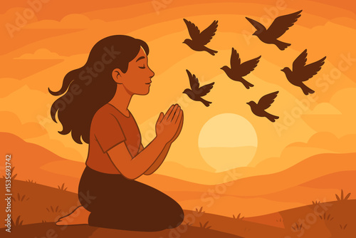 Spiritual freedom illustration of a woman praying at sunset. A flock of birds flies away, a metaphor for release, hope, faith, letting go, and new beginnings. Peace concept.
