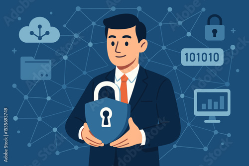 Cybersecurity concept. Businessman holding shield for data protection. IT specialist ensuring digital defense, network security, and information privacy. Cloud computing and data analysis.