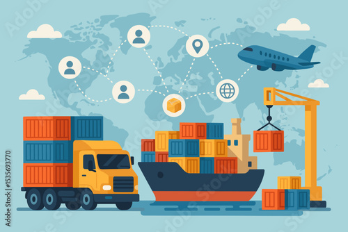 Global logistics network and supply chain concept. International cargo freight transportation with ship, truck, and plane. Import, export, and distribution on world map vector.