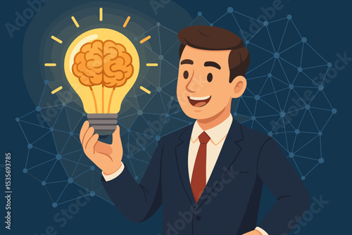 Creative idea concept. Businessman holding a glowing lightbulb with a brain. Metaphor for innovation, business solution, inspiration, intelligence, brainstorming, and smart thinking.