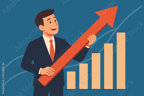 Business growth concept with a happy businessman holding a rising red arrow. Financial success and profit increase metaphor with bar chart. Leadership and career achievement vector.