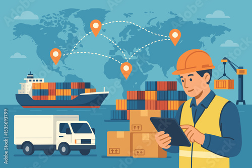 Global logistics network and supply chain management. Manager controlling cargo delivery with tablet. Vector illustration of container ship, truck, crane, boxes on world map background.