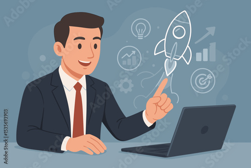 Businessman launching a startup project on a laptop. Rocket icon symbolizing success and growth. Corporate strategy for development, innovation, reaching goals, and new ideas.