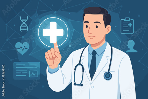 Doctor using digital healthcare interface for telemedicine and online consultation. Medical technology innovation with futuristic network, patient data, DNA, and electronic records.