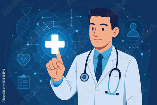 Doctor using futuristic digital healthcare interface for telemedicine and online medical services. Technology innovation concept with network, DNA and virtual patient data icons.