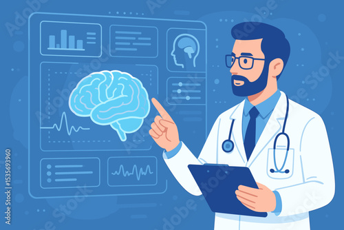 Doctor neurologist analyzing brain scan on futuristic screen. Medical professional examining neurological data, EEG, and charts. Healthcare technology and neuroscience concept.