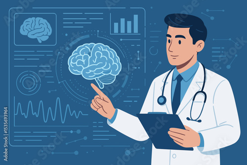 Neurologist doctor analyzing brain activity on a futuristic digital screen. Medical concept of healthcare technology, neuroscience, diagnosis, research, mental health and AI in medicine.