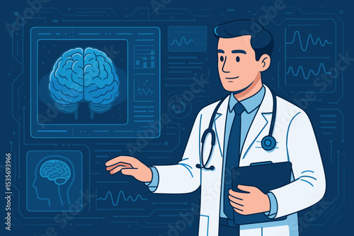Neurologist analyzing brain scan and EEG results on a high-tech screen. Medical diagnostics and neuroscience research concept. Vector illustration of a doctor with a digital interface.