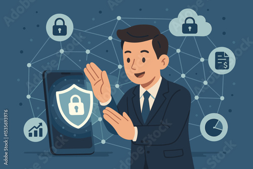 Businessman presenting mobile data protection and cybersecurity. Concept of network security, financial data safety, cloud computing, and privacy innovation on smartphone with shield.
