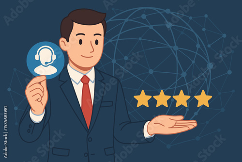 Customer service excellence concept. Businessman holding call center icon and four star rating. Client satisfaction, feedback, and review. Global support network vector illustration.