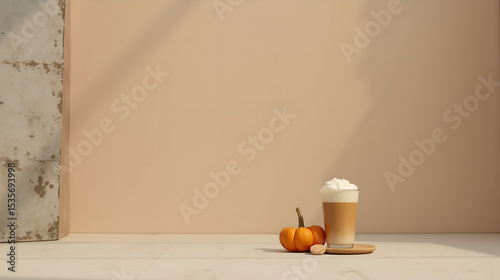 Pumpkin spice latte with cinnamon stick against soft beige backdrop
