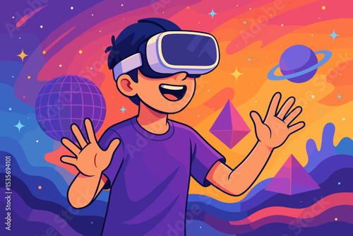 Teenager wearing VR headset exploring the metaverse. Happy boy playing a game in virtual reality. Futuristic technology concept for education and entertainment in a digital world.