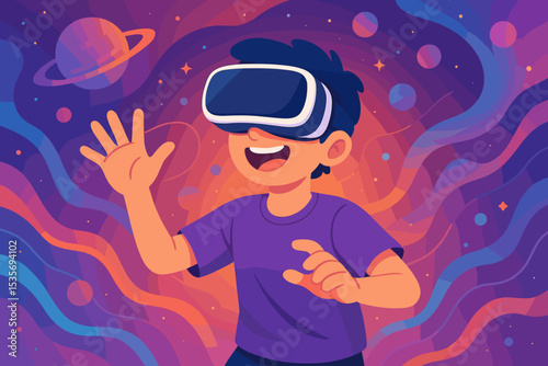 Boy in VR headset exploring the metaverse. Happy kid playing a virtual reality game in outer space. Future technology concept for childhood, education, and entertainment vector.