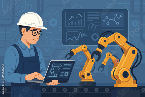 Engineer with laptop programming robotic arms on an automated assembly line. Concept for smart factory, industrial automation, manufacturing technology, and robotics maintenance.