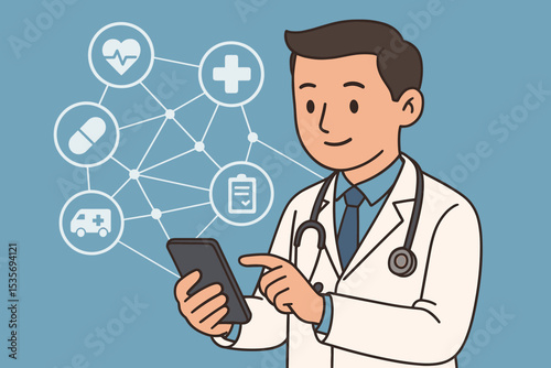 Telemedicine concept with doctor using a smartphone for virtual health. Online medical consultation and e-health technology. Digital healthcare network with connected medical icons.