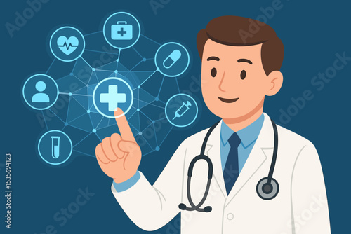 Medical technology concept with a doctor touching a virtual screen. Healthcare network with icons for clinic, patient, and medicine. Telemedicine and digital health innovation vector.