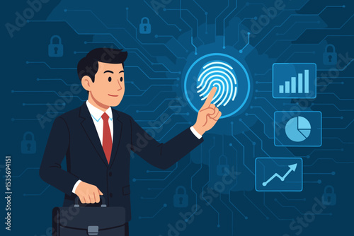 Businessman using fingerprint for biometric security access. Concept of cybersecurity, data protection and digital authentication. Financial analytics, charts on a network background.