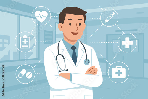 Medical concept with doctor and healthcare icons. Professional male physician in a hospital for online consultation, telemedicine. Health services, diagnosis and treatment vector.
