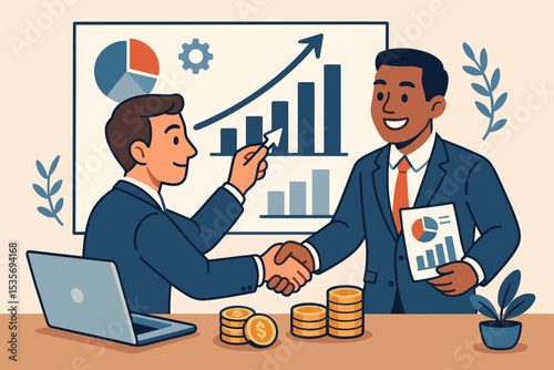 Business growth strategy concept. Two diverse businessmen shaking hands on a successful deal. Partnership, financial analysis, investment, and profit with charts and graphs vector.