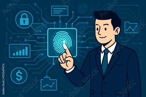 Biometric authentication concept with a businessman touching a fingerprint scanner on a digital screen. Cybersecurity, data protection, network security, and financial technology access.